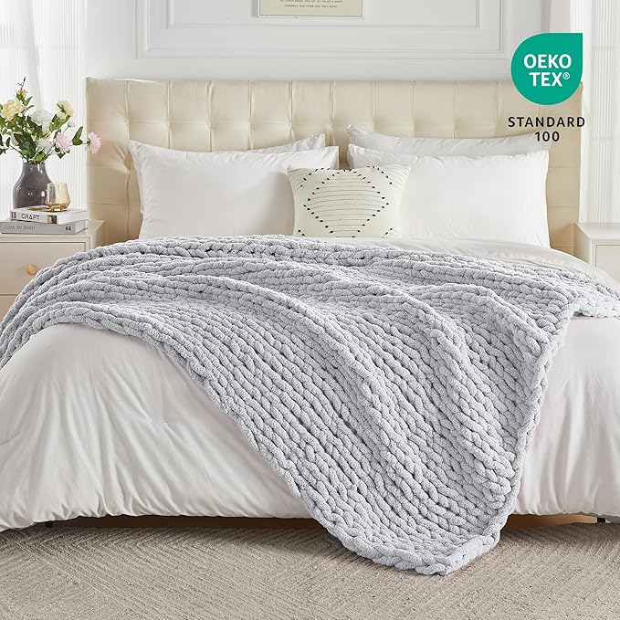 Carriediosa Chunky Knit Throw Blanket 60" X 80" Twin, 100% Hand Made Large Chenille Loop Yarn Soft Fluffy Throws for Couch Sofa Bed, Big Crochet Cozy Heavy Thick Cable Woven Blanket, Grey