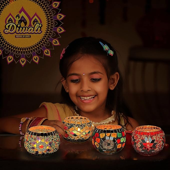 SHMILMH Glass Candle Holder Set of 4, Diwali Gift Votive Candle Holders Handmade Mosaic Glass Tealight Holders Diwali Christmas Table Decorations for Home