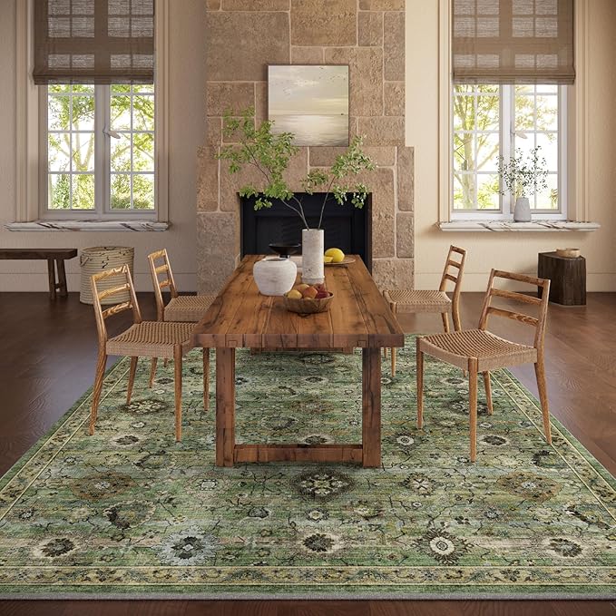 Washable Area Rugs for Living Room: 9x12 Rug Boho Vintage Rugs Stain Resistant Non Slip Low Pile Lightweight Soft Carpets for Bedroom Kitchen Dining Room Nursery Kids Room Farmhouse Home Office