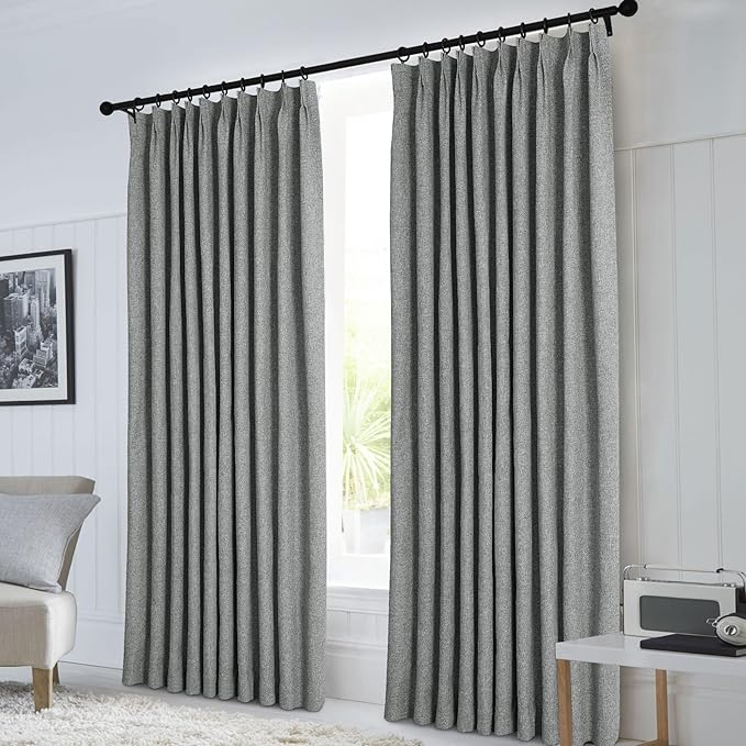 Macochico 100”Wx96”L Pinch Pleated 100% Blackout Linen Curtains Thermal Sliding Curtains for Bedroom Living Room Sliding Glass Door Farmhouse Shabby Chic Mid Grey Drapery with Tieback 1 Panel