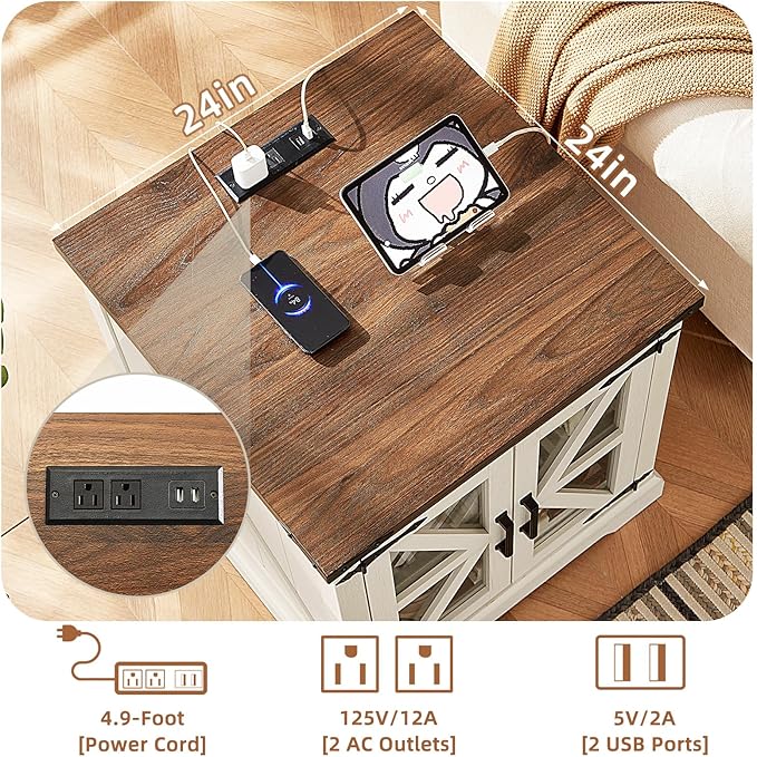 24" End Table with Charging Station, Farmhouse Night Stand with Glass Barn Door, White Nightstands with Adjustable Storage Shelf, Large Wood Square Bed Side Table for Living Room,Bedroom