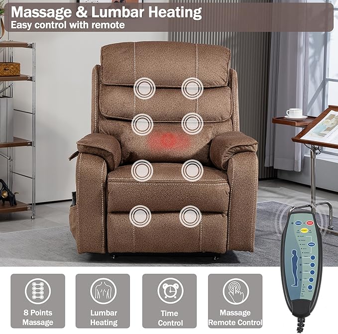 Power Lift Recliner Chair for Adults Elderly Lay Flat Velvet Recliners with Massage Heating, Extended Footrest, Wireless Charging Device, USB Ports, Cup Holder, Lumbar Pillow