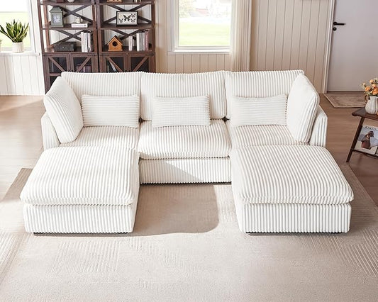 Oversized Modular Sofa, Extra Deep Cloud Corduroy Sectional Couch with Ottoman Chaise, Fluffy Corduroy 5 Seater Sofa Bed for Living Room, Villa (U Shape 5 Seater, Corduroy White)