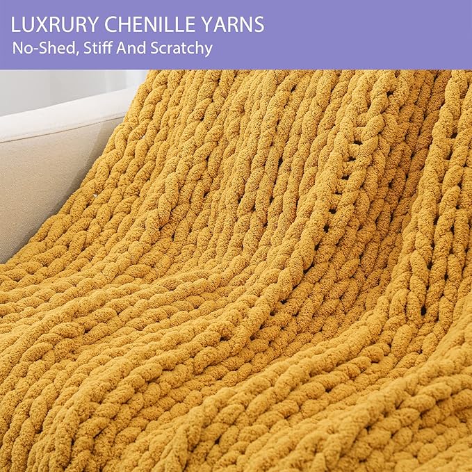 Bigacogo Chunky Knit Throw Blanket for Couch, 51x63 inches, 100% Hand Knitted with Thick Jumbo Chenille Yarn, Cozy Soft Large Rope Knot Cable Crochet Blankets for Sofa Bed Living Room, Mustard Yellow