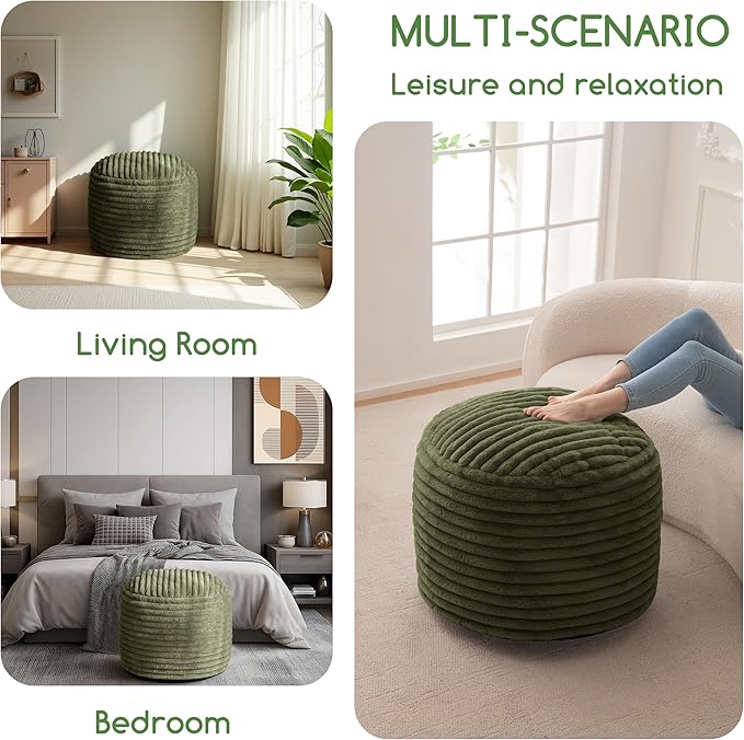 HIGOGOGO Round Stuffed Pouf Ottoman, Stripe Faux Fur Poufs with Foam Chunk Filling, Furry and Fluffy Pouf Foot Stool Storage Ottoman, 26 X 18 Floor Poufs Foot Rest for Living Room, Green