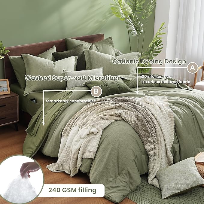 Monbix Queen Comforter Set - 7 Pieces Cationic Dyeing Sage Green Bed in a Bag Queen Bedding Sets with Comforter, Sheets, Pillowcases & Shams, Reversible Bedding Comforters Sets