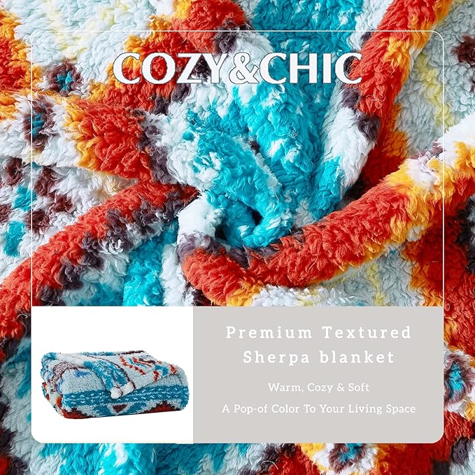 CASAAGUSTO Boho Sherpa Throw Blanket, Aztec Queen Blanket, Ultra Soft, Warm, Cozy, Plush, Thick Fleece Bohemian Throw Blanket for Couch, Bed, Sofa (Aqua 90 * 90 Inch)