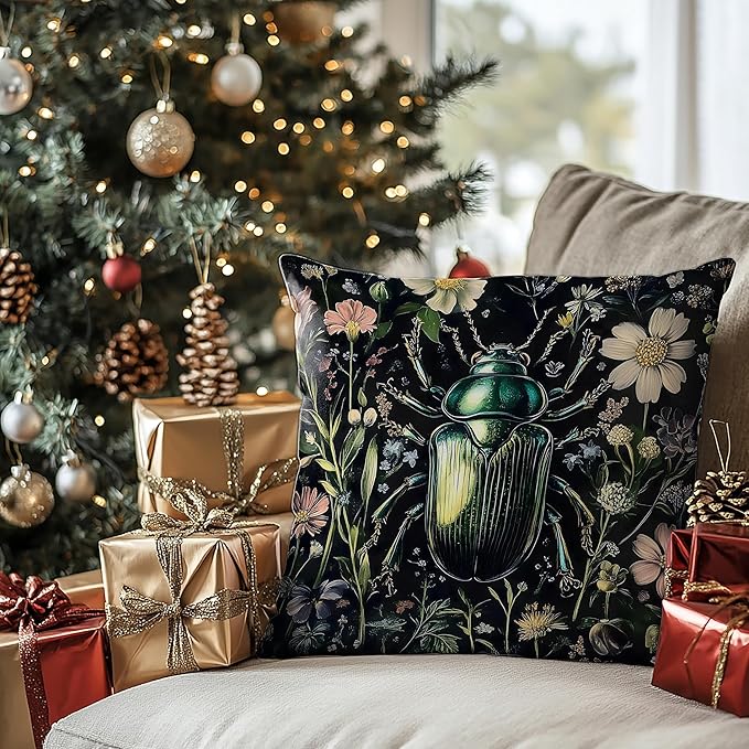 William Morris Inspired Floral Green Beetle Pillow Covers 18x18, Dark Cottagecore Botanical Wildflower Insect Decorative Throw Pillow Covers for Bedroom Living Room Home, Cottagecore Room Decor
