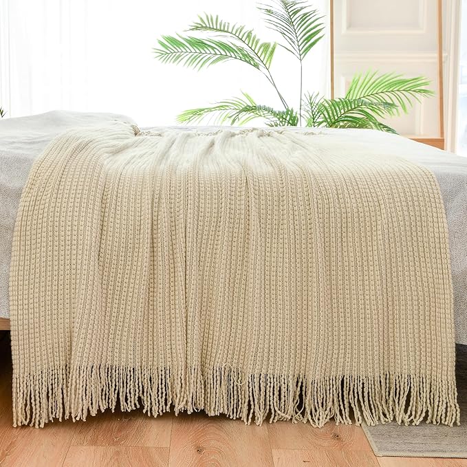 Blagic Knitted Throw Blanket for Couch,Soft Farmhouse Boho Fall Throw Blanket with Tassels,Home Decorative Lightweight, Beige Throws for Bed/Chair/Sofa, 50" W x 60" L