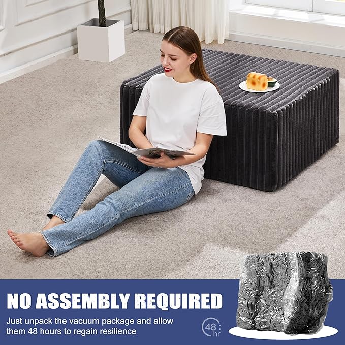 Hobestluk Rectangle Ottoman Memory Foam Footrest for Couch with Removable Cover Large Floor Seating for Adults Ottoman Coffee Table for Living Room, Bedroom or Office (Strip Grey, Footrest)