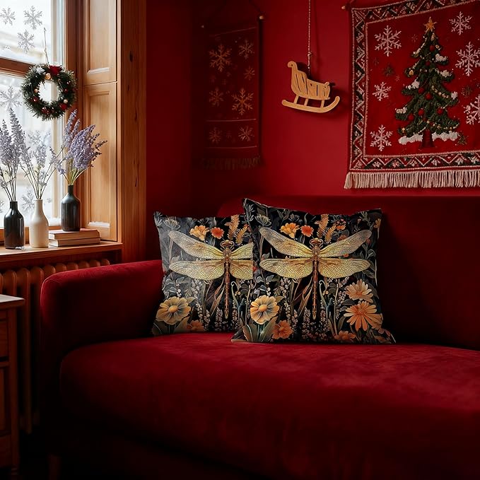 Vintage Dark Dragonfly Bee Pillow Covers 18x18 Double-Sided Set of 4,Moody Dark Cottagecore Wildflowers Floral Throw Pillow Covers for Couch Bed,Dragonfly Bee Gifts for Women,Cottagecore Decor