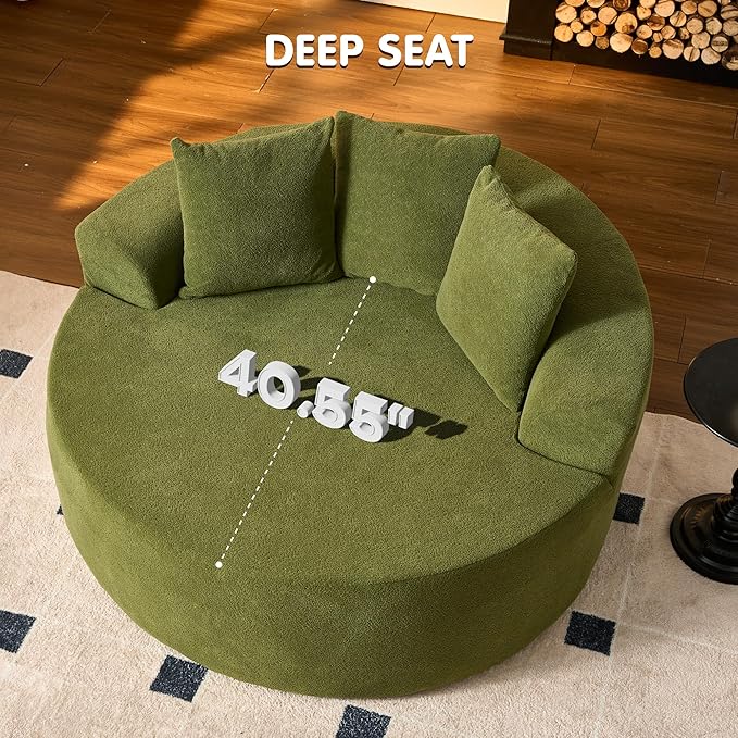 ovios 58" Oversized Round Chair Lounge Chaise Indoor, No Assembly Required, Cloud Large Circle Chair with Plush Fuax Fur, Fluffy Modern Sleeper Sofa Bed for Reading Yoga, Green (Cloud Velvet)