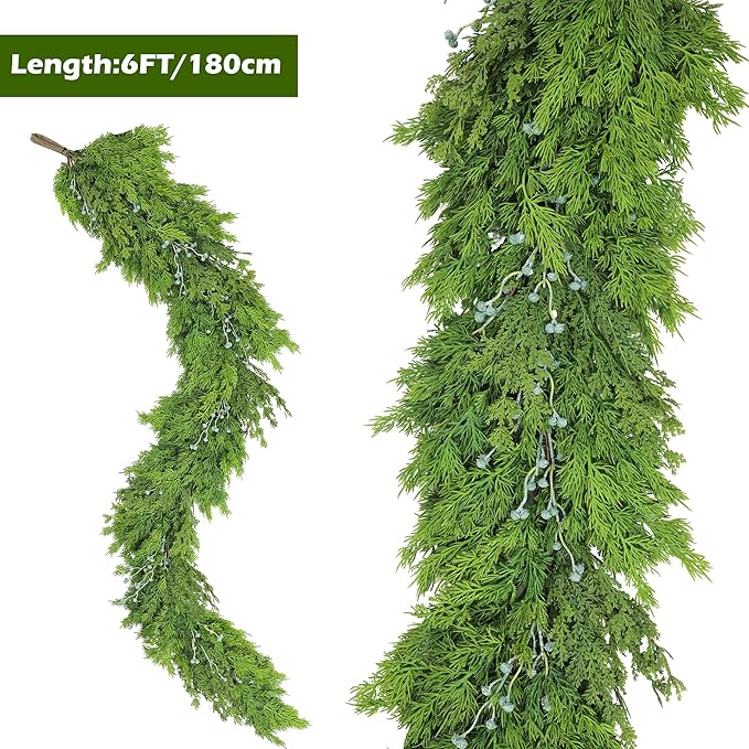 6FT Cedar Garland with Blue Berry Cypress Pine Garland Realistic for Mantle Stairs Fireplace Wall Window Front Door Indoor Outdoor Christmas Decor Xmas Decorations