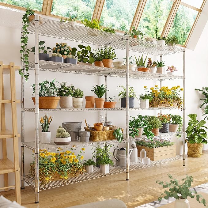 REIBII 58" W 5 Tier Heavy Duty Wire Shelving Unit with Adjustable Shelves - 1400LB Metal, Chrome - 58" W x 59" H x 13.8" D - Garage, Pantry, Kitchen