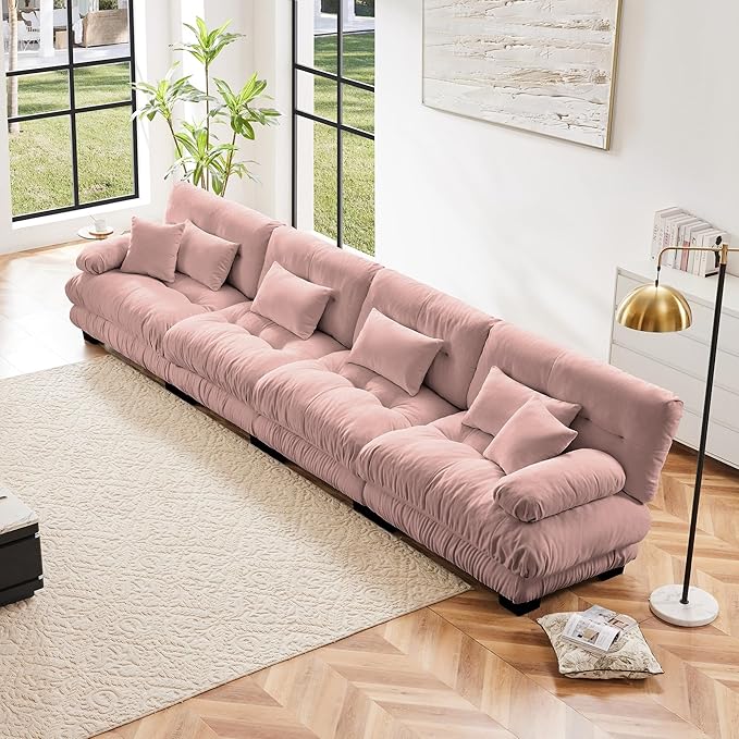Modular Sectional Sofa Cloud Couch 4-Seater Deep Seat Sofa Couch, Oversized Couch Bed Sectional Couch with Round Bolster Armrests 6 Pillows, Modern Sofa Chair Comfy Couch(Pink)