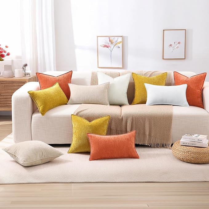 decorUhome Fall Couch Throw Pillow Covers 26x26 Set of 2, Decorative Soft Euro Neutral Chenille Pillow Covers with Elegant Design for Sofa Bed Living Room Home Decor, Rust