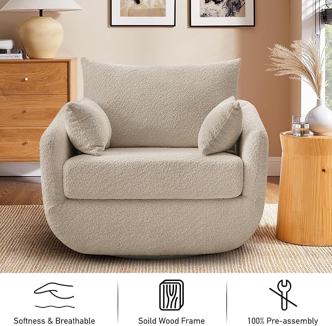 360° Swivel Accent Armchair, 39.3" Oversized, Sherpa Boucle Fabric Sofa Chair with Removable Back & Arm Pillows, Swivel Chair with Cozy Soft Padded, No Assembly Required (1, Camel)