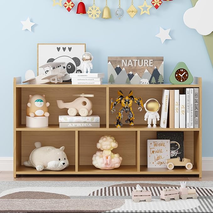 Book Shelf Set of 2, 5 Cubes Storage Organizer, Open Shelf Wooden Bookcase, Freestanding Log Bookshelf Cube Shelf for Bedroom, Living Room, Home Office