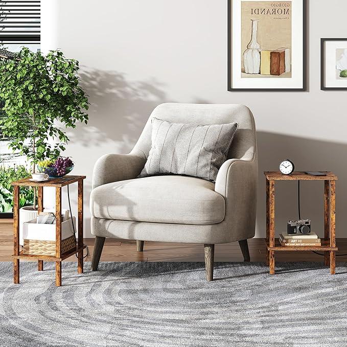 TUTOTAK End Table with Charging Station, Small Side Table with Outlets, Nightstand Bedside Table, 2-Tier Storage Shelf for Small Space, Living Room, Bedroom, Brown TB01BB040C