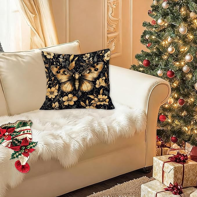 William Morris Inspired Floral Moth Pillow Covers 18x18, Dark Academia Cottagecore Botanical Floral Butterfly Decorative Throw Pillow Covers for Bedroom Living Room Home, Cottagecore Room Decor