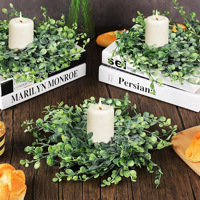 6 Pcs Mini Green Boxwood Candle Rings Wreaths Green Kitchen Cabinet Wreath 3 Inch Wedding Candle Holder for Front Door Porch Outside All Season Wedding Home Tabletop Decoration