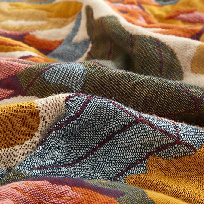Boho Throw Blanket for Couch Sofa Bed, 100% Cotton Woven Quilt with Tassel 60”x80”, Super Soft Muslin Blanket with Floral Printed, Decorative Reversible Bed Blanket/Cover for All Seasons