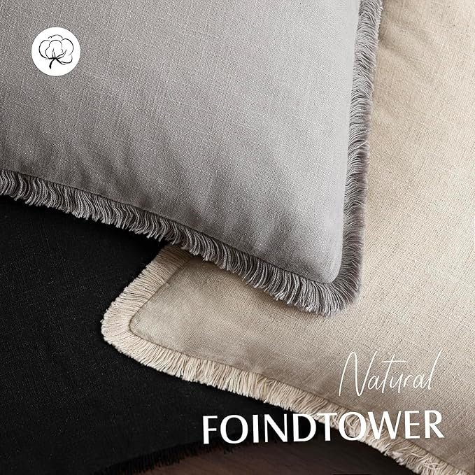 Foindtower Set of 2 Decorative Linen Fringe Lumbar Throw Pillow Covers Farmhouse Cushion Cover with Tassels Accent Pillowcase for Couch Sofa Bed Living Room Home Decor,12×20 Inch,Light Rustic Gray