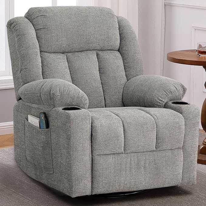 Rocker Swivel Recliner Chair for Adults, Overstuffed Large Manual Recliner Glider with Massage and Heat, Comfy Soft Fabric Living Room Reclining Sofa Chair(Lime Gray)