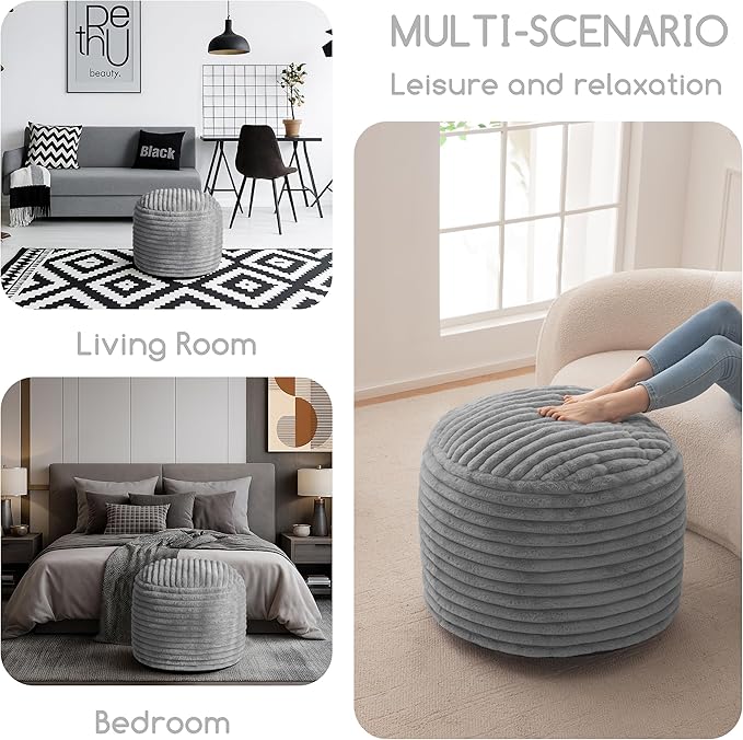 HIGOGOGO Round Stuffed Pouf Ottoman, Stripe Faux Fur Poufs with Foam Chunk Filling, Furry and Fluffy Pouf Foot Stool Storage Ottoman, 20 X 15 Floor Poufs Foot Rest for Living Room, Grey