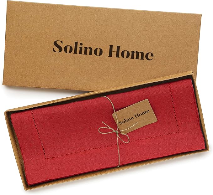 Solino Home Linen Red Table Runner 108 Inches Long - 100% Pure Linen 14 x 108 Inch Table Runner - Classic Hemstitch