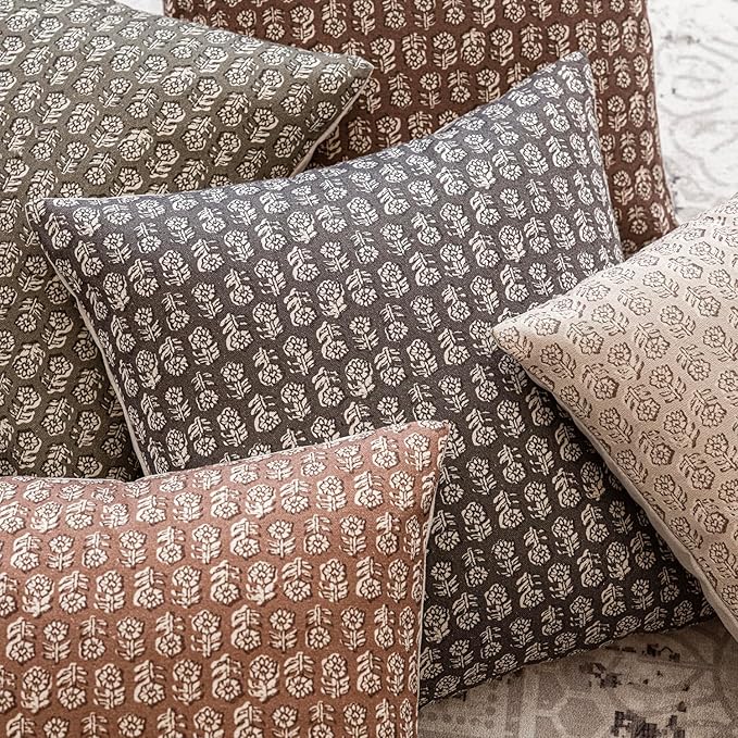 Foindtower Set of 2 Decorative Neutral Floral Print Throw Pillow Covers Vintage Accent Farmhouse Cushion Covers Boho Home Decor for Sofa Couch Chair Bedroom Living Room,20×20 Inch,Rustic Gray