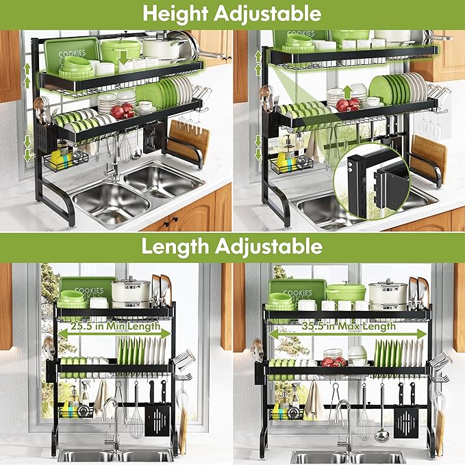 3 Tier Extra Large Stainless Steel Expandable Over The Sink Dish Drainer Drying Rack, Rust Proof Metal, Space Saving, Modern Black Big Capacity Extendable Plate Strainers Above Kitchen Counter