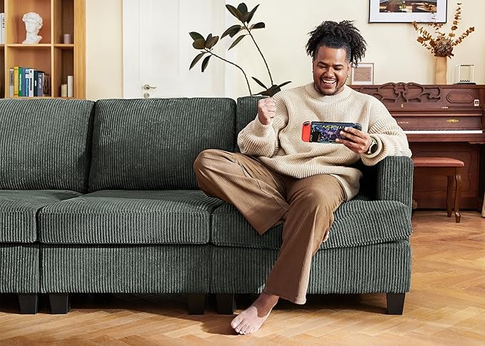 Nolany Sectional Sofa with Storage Ottoman, U Shape Couch with Chaise, Corduroy Modular Sectional Couch for Living Room, Green