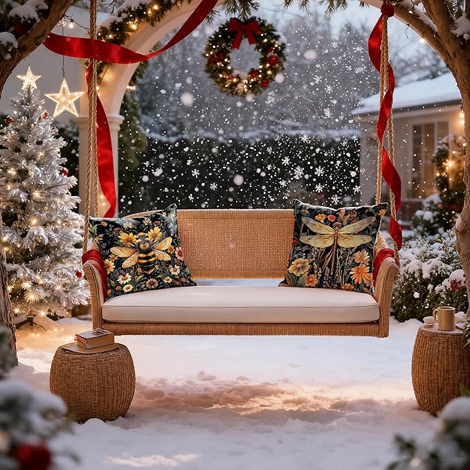 William Morris Inspired Wildflower Dragonfly Bee Pillow Covers 18x18 Set of 2, Vintage Dark Cottagecore Floral Botanical Insects Decorative Throw Pillow Covers for Home Bedroom Living Room