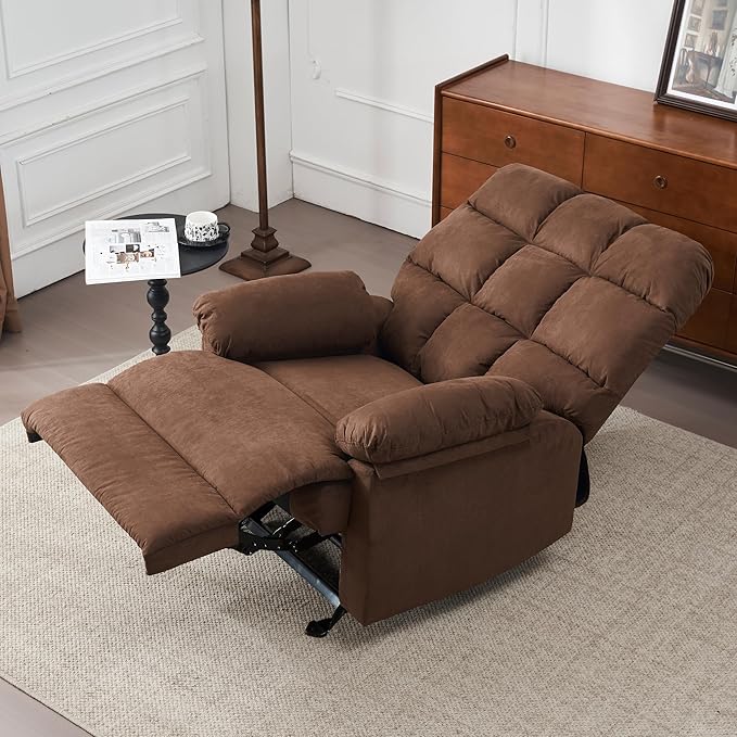 Rocker Recliner Chair, Overstuffed Manual Rocking Recliner for Adults, Upholstered Comfy Soft Fabric Living Room Reclining Sofa Chair (Brown Fabric)