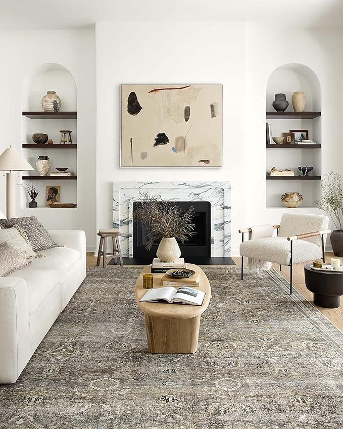 Loloi Layla Collection LAY-13 Antique/Moss 9'-6" x 14' .13" Thick Area Rug, Soft, Durable, Vintage Inspired, Distressed, Low Pile, Non-Shedding, Easy Clean, Printed, Living Room Rug