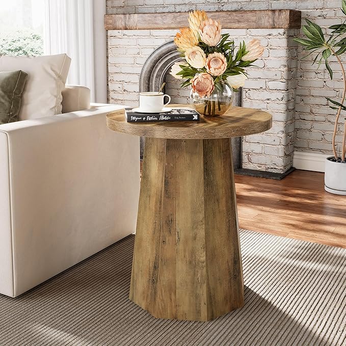 Tribesigns Round Pedestal End Table, Farmhouse Couch Side Table with Octagonal Base, Nightstand Accent Wooden Drink Stand (2, Rustic Brown)