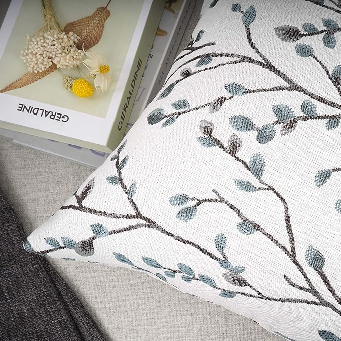 YOUR SMILE Classical Embroidery Jacquard Teal Leaf Pattern Square Decorative Throw Pillow Case Cushion Cover 18x18 inch