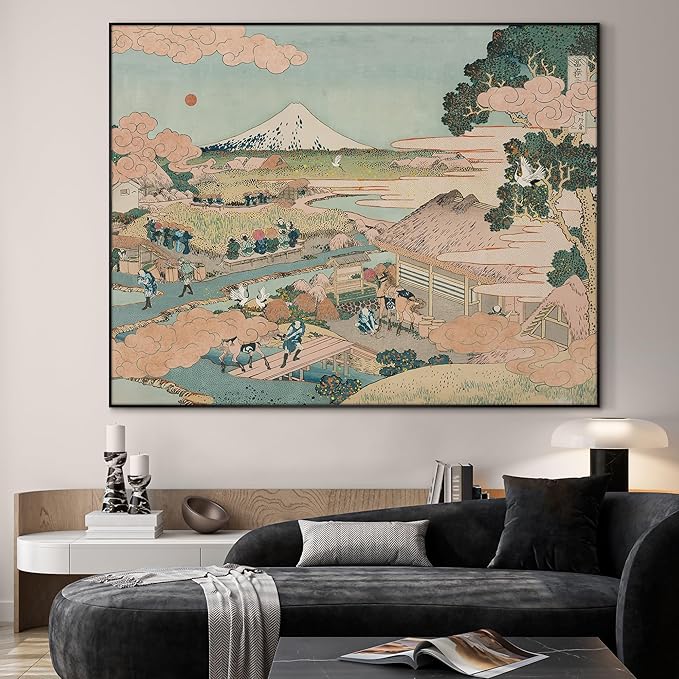 SIGNWIN 60"x72" Extra Large Framed Wall Art Japanese Ukiyo-e Landscape, Timeless Mt. Fuji Scene for Zen-Inspired or Asian-Style Interiors for Home Living Room Bedroom Decor (Frame Assembly Required)