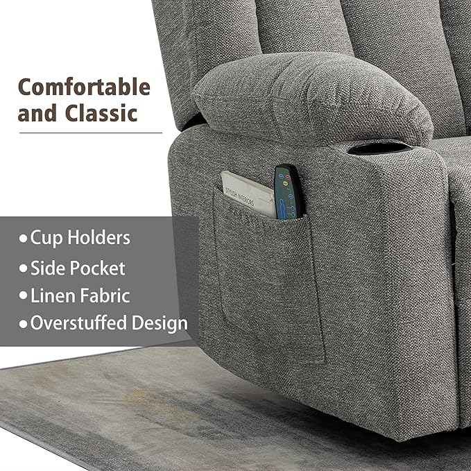 Rocker Swivel Recliner Chair for Adults, Overstuffed Large Manual Recliner Glider with Massage and Heat, Comfy Soft Fabric Living Room Reclining Sofa Chair(Lime Gray)