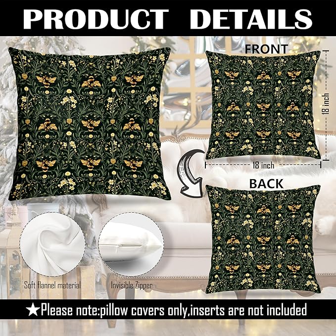 William Morris Inspire Floral Bee Pillow Covers 18x18 Set of 2, Dark Academia Art Nouveau Cottagecore Flower Botanical Bumblebee Decorative Throw Pillow Covers for Home Bedroom Living Room