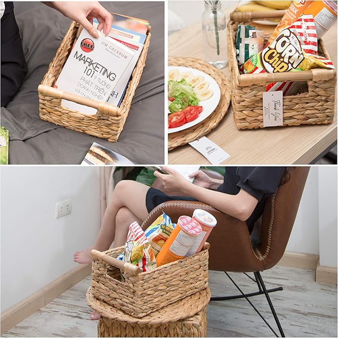 VATIMA Hyacinth Small Wicker Basket 11.6x8.1x4.9" - Bathroom Organizer, Wooden Handle, Decorative Storage