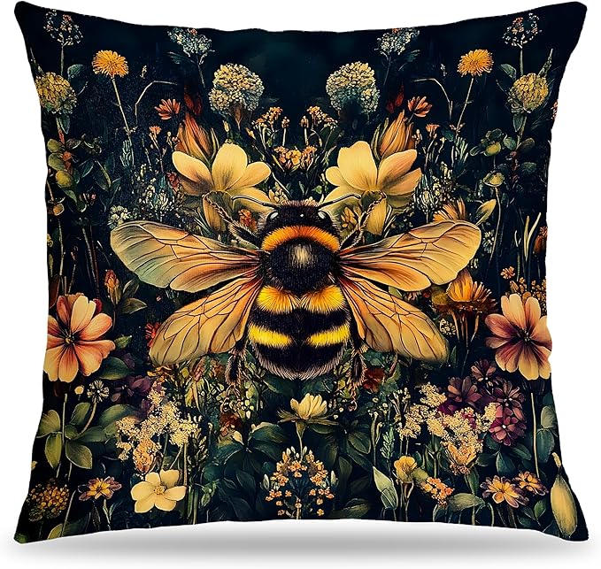 Vintage Moody Floral Bumblebee Pillow Covers 18x18, Moody Dark Cottagecore Botanical Wildflower Bee Decorative Throw Pillow Covers for Home Bedroom Living Room, Bee Decorations for Home