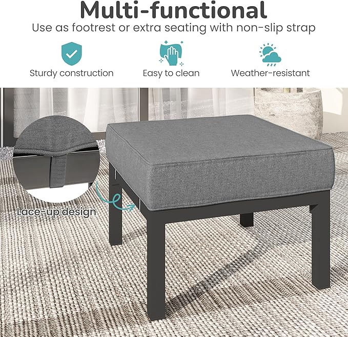 Solaste Outdoor Footstools Patio Ottoman Set of 2, Aluminum All-Weather Outdoor Footrest Seat with Removable Cushions, Patio Furniture Ottomans for Garden, Backyard, Poolside-Gray