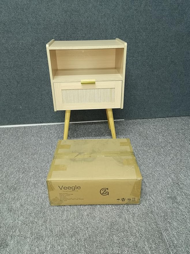 Rattan Nightstand,Modern Bedside Table with Storage Drawer and Open Wood Shelf, for Living Room, Bedroom and Small Spaces, Accent Night Stand with Solid Wood Legs, Easy Assembly,(Oak)