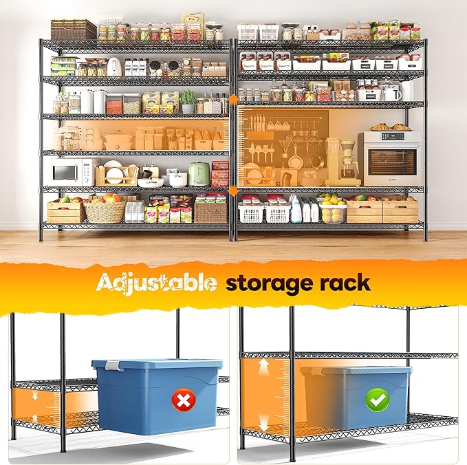 REIBII 83" H Storage Shelves 3840LBS Metal Shelving Unit 6 Tier Wire Shelving Commercial Adjustable Garage Shelving Heavy Duty for Storage Rack for Pantry, Garage, Kitchen, 83" H x 55.5" W x 18" D