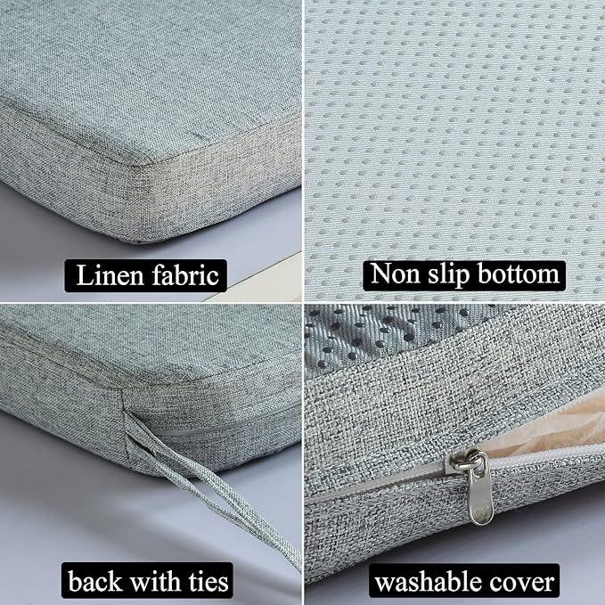 Chair Cushion for Dining Chairs with Ties Non Slip Memory Foam Kitchen Room Chair Pads 2 Pack 17x16 Inch, Light Gray