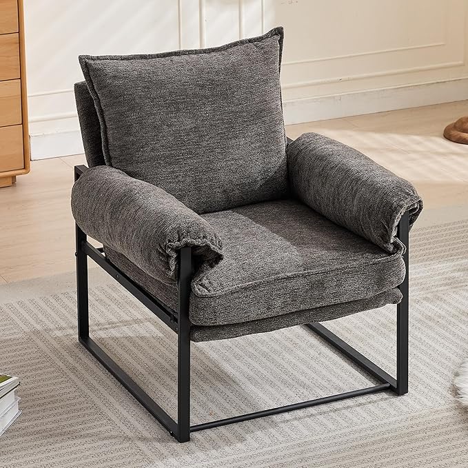 YISHENG Accent Chair with 6-Angle Adjustable Backrest, Chenille Fabric Living Room Chair Upholstered Lounge Chair, Modern Chair Cozy Reclining Chair for Reading Room, 1PC Gray