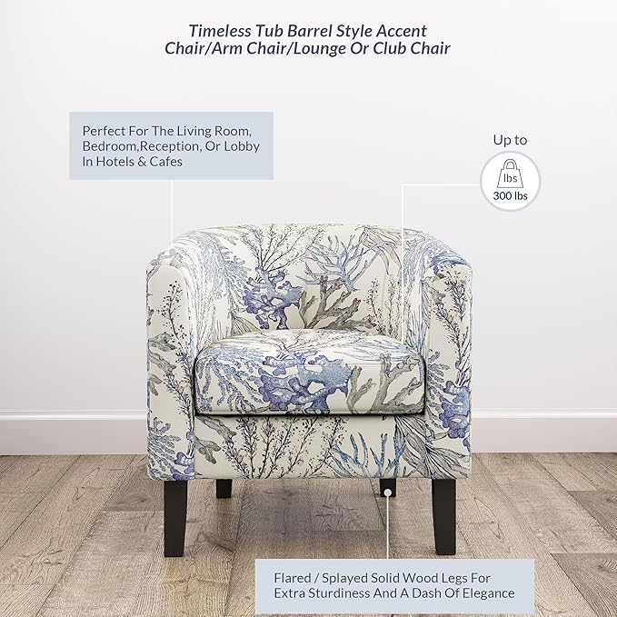 BELLEZE Living Room Chairs Set of 2, Linen Round Accent Barrel Chairs, Club Tub Sofa Chairs for Bedroom, Corner Chairs with Flared Legs and Cozy Soft Padding - Highland (Blue Coral)