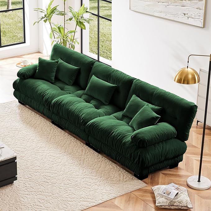 Modular Sectional Sofa, Comfy Cloud Couch 3 Seater Couch, Sectional Couches for Living Room, Modern Chenille Oversized Couches for Bedroom, Sleeper Deep Seat Sofa with Throw Pillows, Green